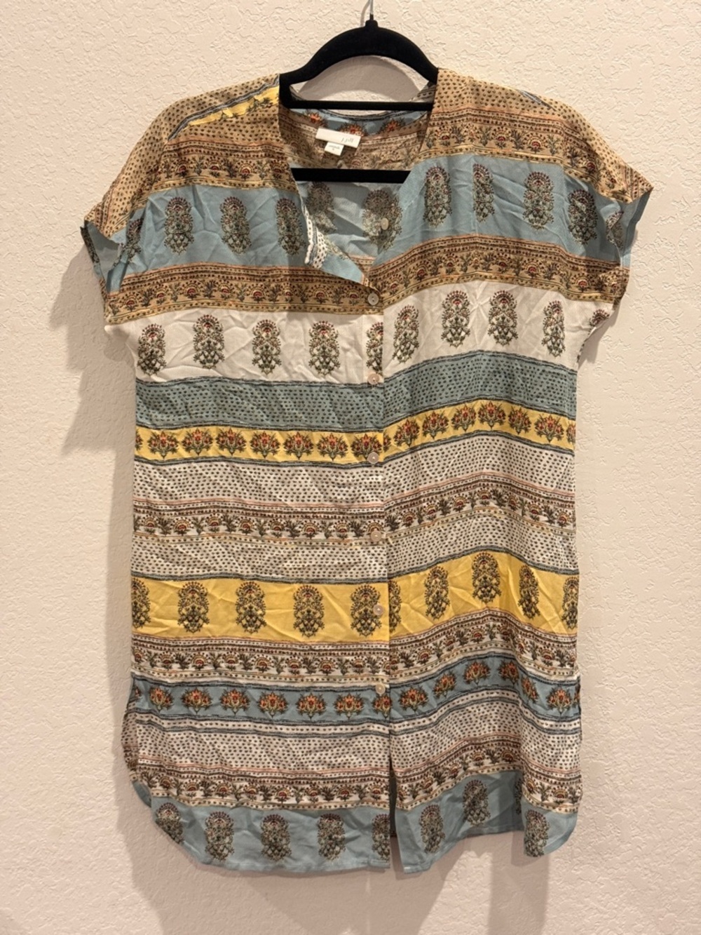 J. Jill Striped Boho Button-Front Tunic‎ - Blue, Yellow, Cream
